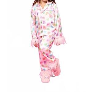 NEW MINI DREAMERS girl's sweetheart feather trim silky pajama set in pink multi